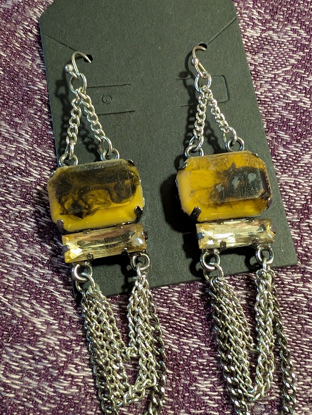 Handcrafted Yellow and Black Resin Dangle Earrings with Silver Chains